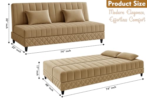 Image of Three Seater Velvet Sofa Cum Bed, Tufted Convertible Sleeper Couch, Space-Saving Design, Comfortable Cushioned Seating - Golden