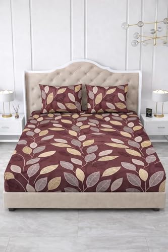 Image of 300 TC Cotton Feel Glace Cotton Elastic Fitted Bedsheet for King Size Double Bed | Fits up to 8 Inch Mattress | Printed Bedsheet with 2 Pillow Covers (WineLeaf, Double Size - 72 inchx72 inch)