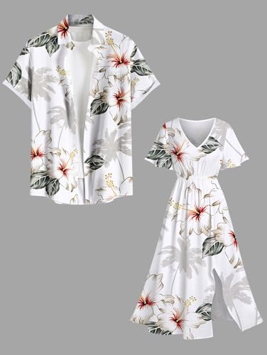 Image of Matchable Couple Hawaiian Sea Beach Starfish Turtle Shell Print Shirt or Plus Size Midi Split A Line Dress