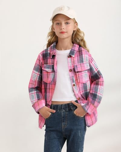 Girls Long Sleeve Flannel Shirts Button Down Plaid Jackets Collared Pockets Blouses Tops Fall Winter Clothes 7-14Y3