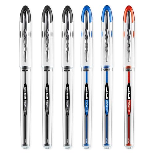 uni-ball Vision Elite - UB-200 - Liquid Ink Rollerball Pen - 3 x Black, 2 x Blue, 1 x Red - Pack of 6