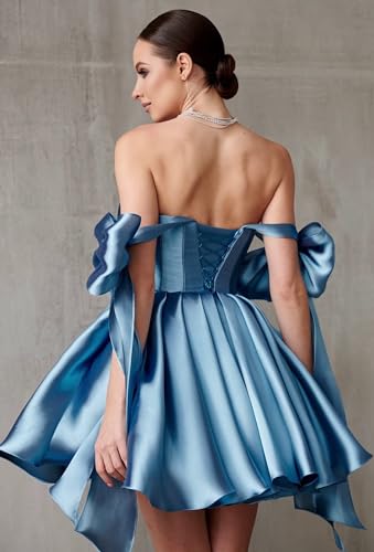 Satin Short Homecoming Dresses Pleated Off The Shoulder Puffy Mini Dresses Sequins Backless Cocktail Dress3