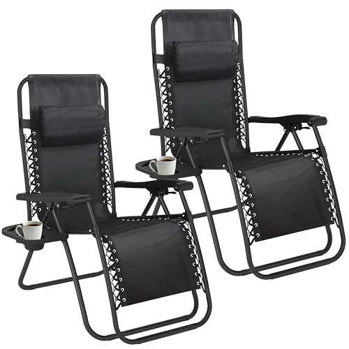 Juego de 2 sillas Plegables reclinables Ajustables de Gravedad Cero, sillas de jardín, Silla de Playa con reposacabezas para Sol y portavasos, tumbonas con Marcos de Acero con Recubrimiento en Polvo