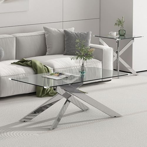 Modawhly 3 Pieces Living Room Table Set, 47 Inch Glass Coffee Table And 2 End Table, Glass Coffee Table Set With Tempered Glass Tabletop And Metal Legs thumb #2