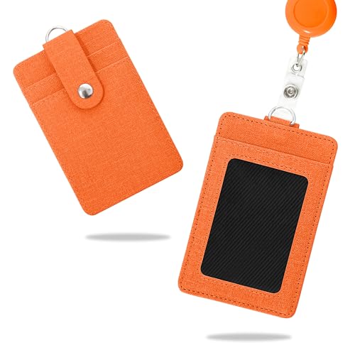Image of Conisy ID Badge Holder with Retractable Lanyard, Vertical PU Leather ID Badge Card Holder with 2 Card Slots for Women Men (ID Badge Holder Orange)