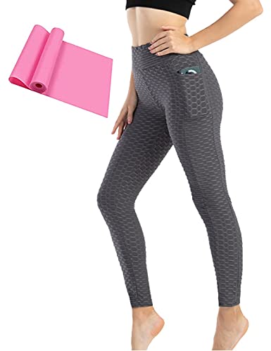 Women s Yoga Pants,High Waist Workout Leggings with Pockets for Women Butt Lift Tummy Control-Shark Scales Leggings,TIK Tok Bubble Butt Lifting Yoga Leggings,Grey Textured Scrunch Booty Tights,M