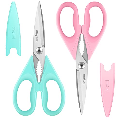 Kitchen Shears, iBayam Kitchen Scissors All Purpose Heavy Duty Meat Scissors Poultry Shears, Dishwasher Safe Food Cooking Scissors Stainless Steel Utility Scissors, 2-Pack, Pastel Pink, Mint Blue