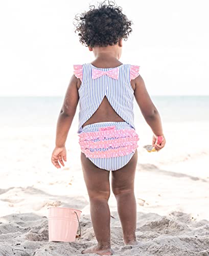 Rufflebutts® Baby/Toddler Girls Blue Seersucker 2 Piece Swimsuit With Open Back Top - 12-18M #TOP2