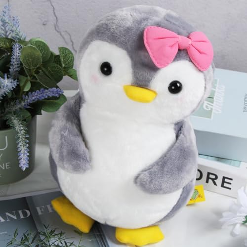 Aurasky Plüschtier Pinguin Spielzeug, 25 cm, Pinguin mit Rosa, Fliege, Kissen, Plüschfigur, Geschenk für Kinder und Erwachsene