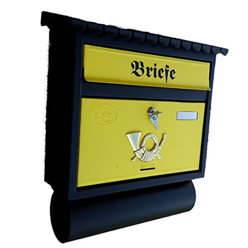Preisvergleich Produktbild Naturholz-Schreinermeister Großer Briefkasten / Postkasten XXL Schwarz / Gelb Matt mit Zeitungsrolle Zeitungsfach Flachdach Zeitungsrohr Bicolor