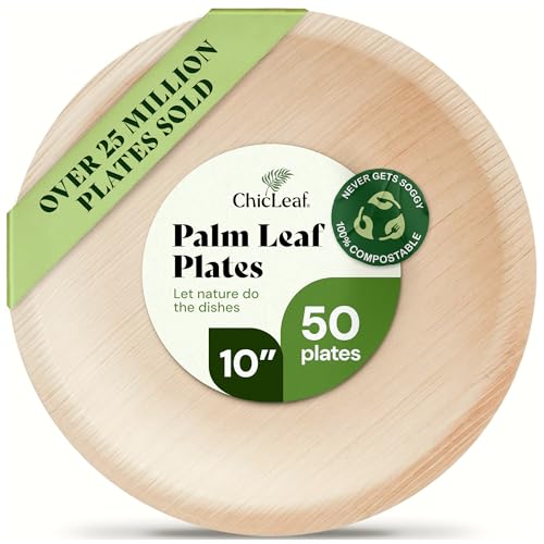Chic Leaf Palm Leaf Plates - 10" Round - 50 Pack of 100% Compostable, Biodegradable & Disposable Bamboo Plates - Heavy Duty, Sturdy Paper Alternative for Wedding Desserts & Events