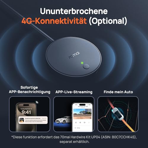 70mai Dashcam Auto Vorne Hinten A510, 2.7K 1944P+1080P Dash Cam STARVIS 2, HDR Nachtsicht, Autokameras mit Parküberwachung, 4G LTE, GPS, G-Sensor, ADAS, Loop-Aufnahme, App-Steuerung, 64GB SD Karte