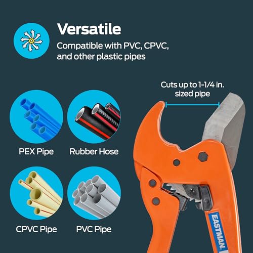 Eastman Heavy Duty PVC Pipe Cutter with Push-Button and Spring-Release Blade, Cuts 1/2 to 1-1/14 Inch Pipe, Professional Tool for PVC, PEX, CPVC, and PE Pipes, Orange, 45132 by Eastman - Image 5