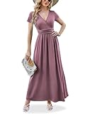 ANRILITA Maxi Dress for Women Wrap V Neck Short Sleeve Empire Pleated Waist Summer Casual Elegant Long Dresses with Pockets Mauve
