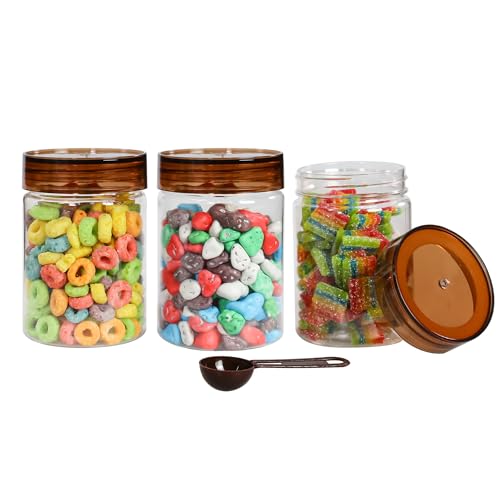 Image of PEARLPET Plastic Containers for Kitchen Storage | Plastic Container Set with Spoon | BPA-Free, Stackable Jars | Brown, 300 ML (Set of 3)
