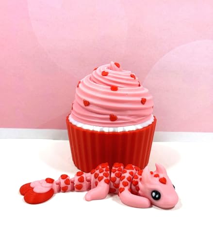 Image of 3D Printed Dragon, Articulated Baby Love Dragon in Cupcake Container, Pink and Red Baby Love Dragon, Fidget ADHD Autism Toy, Valentine's Gift, Executive Desk Toy - CCLDR003