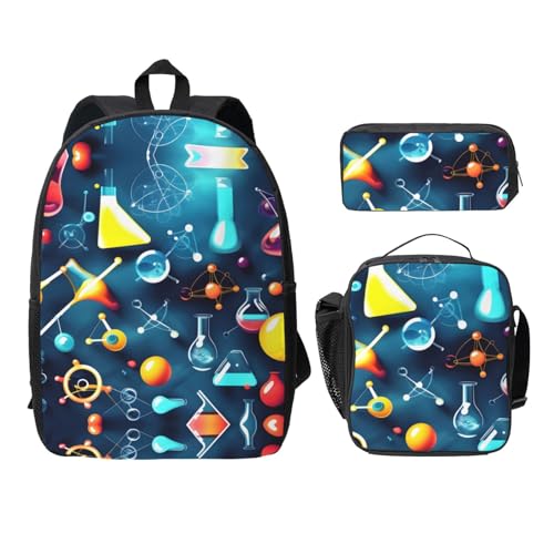 Sac à dos école 3 pièces noir avec boîte à déjeuner et trousse design chimie