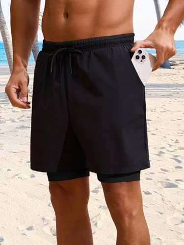 NCERUN 2 in 1 Mens Swim Trunks 7 Inch Swim Shorts Elastic Waist Bathing Suit with Compression Liner2