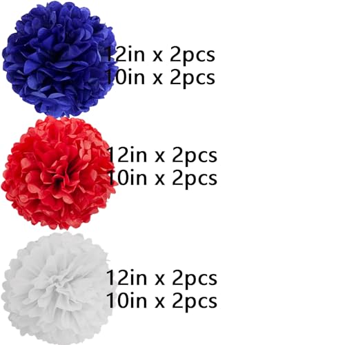 Image of We Moment Red, Blue and White Paper Pom Poms Decorations for 4th Fourth of July,Independence Day Patriotic Decorations, Red Blue and White Ceiling Wall Hanging Tissue Flowers Decorations 12pcs