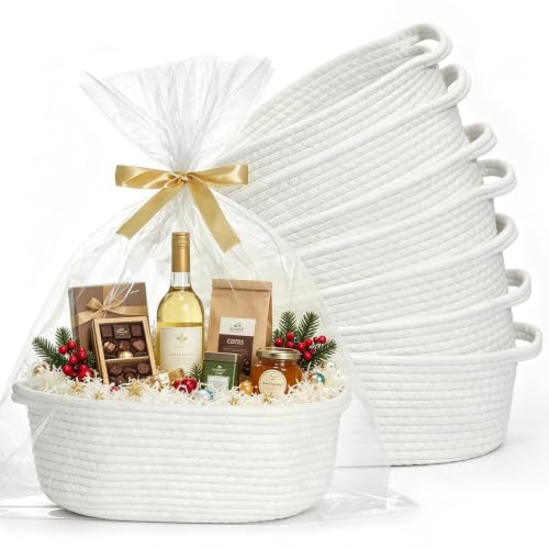 OTUCO 8PCS Small Woven Basket for Gift with Bags, Ribbons & Fillers, White