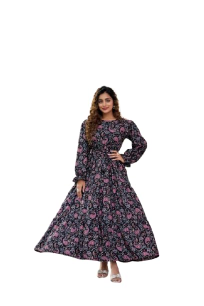 Multicolor Crepe Fabric no Transparency Frill Pattern Floral Print Bishop Sleeves with Elastic Cuffs with Belt Gown-image-7