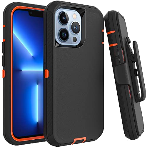 Image of Case for iPhone 12 Pro Max with Clip, Heavy-Duty Tough Rugged Shockproof Drop Protective Cover Phone Cases, Black+Orange