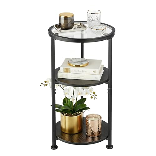 ZEXVIDA Glass Side Table, Tempered Glass Small Round Side Table with 3-Tier Storage Shelves for...