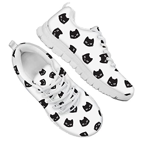 Dolyues Schwarze Katze/Kätzchen Kopf Print Damen Trainer Gittergewebe Schnüren Laufsneaker, Beiläufig Niedriges Oberteil Sportlich Sport Gehen Joggen Schuhe