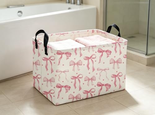 Image of Pink Baskets Girls Basket Rectangular Cute Storage Bin for Room Decor(Pink bownot)