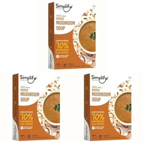 Image of Simplify Foods Pepper Mushroom Instant Soup | Made with 70% Real Mushroom | Pack of 3 (Makes 500ml) | Just Add Hot Water | No Cooking Required | Clean Label | 0% Additives or Preservatives