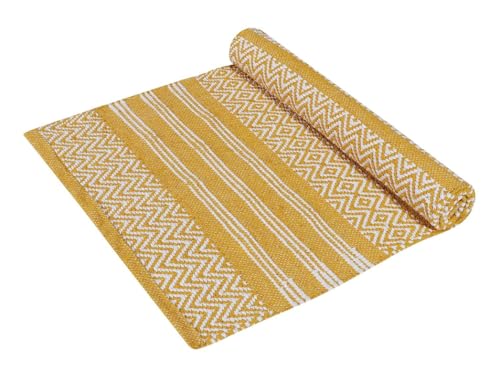 Image of FIASCO Hand Woven 100% Natural Cotton Export Quality Designer Striped Rug, Bed Side Runner Rug Carpet for Bedroom, Passage,Living Room, Size- 2X5 Feet Yellow & White Zig zag New