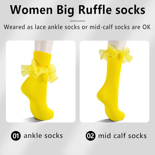Image of Women Big Ruffle Ankle Socks Adult Double Lace Frilly Socks Fold Cuff Cotton Ruffled Dress Crew Bobby Bride Sock