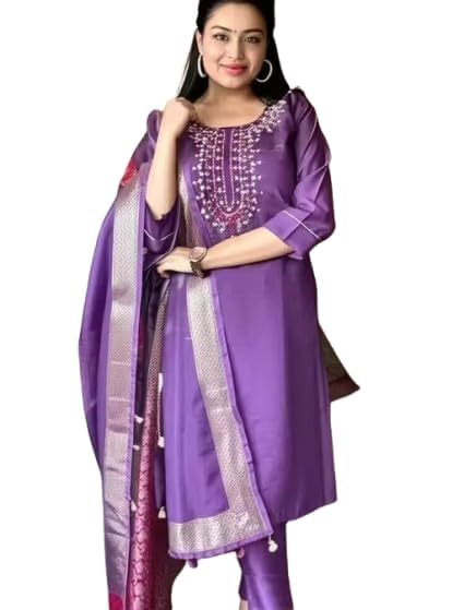 Image of Women's Chanderi Silk Kurti with Rayon Slub Pants & Dupatta | Printed Three-Quarter Sleeve Ethnic Set 6 Purple