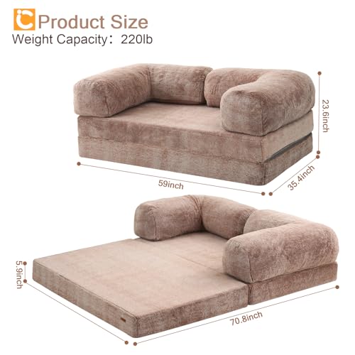 COMAX 4-in-1 Futon Sofa Bed, Queen Size Foldable Couch with L-Shaped Armrests, Convertible Sleeper Chair Bed, Comfortable Lounge Mattress for Living Room and Bedroom, Snow Brown