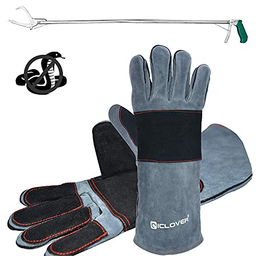 IC ICLOVER 47 Inch Snake Tongs+Animal Handling Gloves, Heavy Duty Standard Reptile Snake Tongs Grabber Catcher, Snake Bite Proof Gloves Kevlar Reinforced Leather Padding Palm&fingers, Anti Bite-16inch