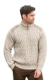 Aran Crafts Quarter Zip Sweater with Tweed Patches, Authentic and Traditional Artisan Craftsmanship, Comfortable and Stylish, 100% Merino Wool, Made in Ireland (T44-LG-OAT)