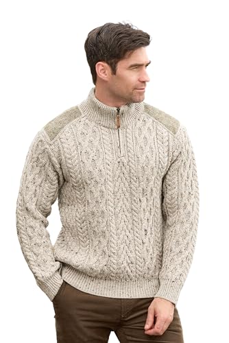 Aran Crafts Quarter Zip Sweater with Tweed Patches, Authentic and