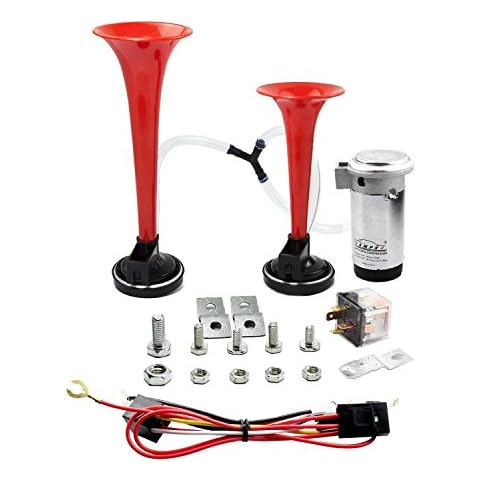 GAMPRO 12V 135db Dual Trumpet Air Horn Kit with Two Trumpets and Compressor for Truck Car SUV RV Van Boat or Any Other 12V Vehicles(Red) Cover
