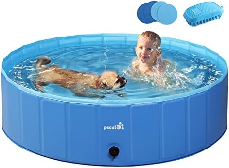 Pecute Dog Pool Foldable, Portable Dog Bathtubs Hard PVC, Multifunctional Dog Swimming Pool Wading Pool, Non-Slip Pet Bathing Tub with Extra Bath Brush, Great for Backyard Outdoor Travel 47" x 12"