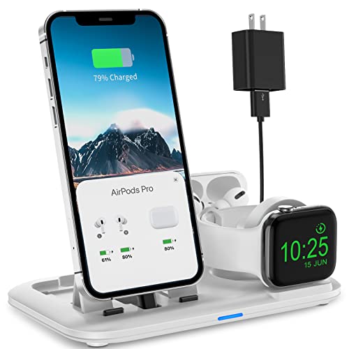 Asedoce Charging Station for Apple, 3 in 1 Charger Station for iWatch 7 6 SE 5 4 3 2 1, Foldable Charging Stand for iPhone AirPods Pro 3 2 1 Charging Dock (with 12W Charger)，White