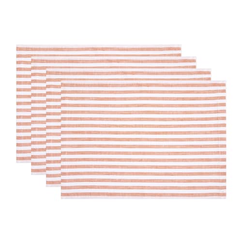 Image of Solino Home 100% Pure Linen Placemats, 14 x 19 in, Orange Striped, Set of 4