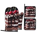 YYHWHJDE schwarzwälder Topfhandschuhe und Topflappen mit Kirschtorte Muster 4er Set für Backofen...