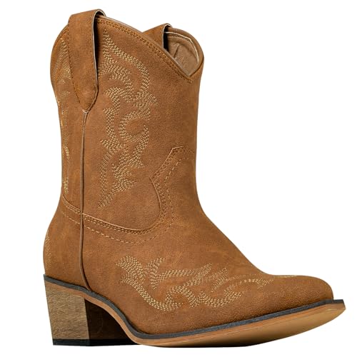 J's.o.l.e Women's Embroidery Snip Toe Western Cowboy Cowgirl Boots Low Heel Ankle Short Brown Boots Us Size 9