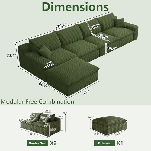 Image of 136 inch Cloud Couch Modular Sectional Sofa for Living Room, L-Shape Boneless Couch with Deep Seat, Modern Corduroy 6-Seater with Ottoman, No Assembly Required,Green