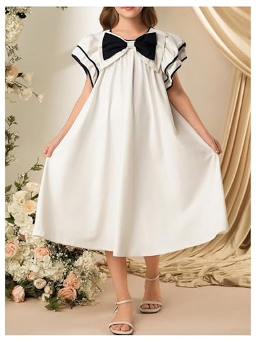 Girl's Bow Knot Ruffle Short Sleeve Dress Elegant Loose Straight Midi Dresses4