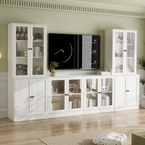 VOWNER 4PSC Großer TV-Schrank mit Bücherregalen für Fernseher bis zu 70 Zoll, 280 cm Long tv Ständer mit gehärteten Glastüren und Einlegeböden, fernsehschrank für Wohnzimmer Weiß (2B+2D)