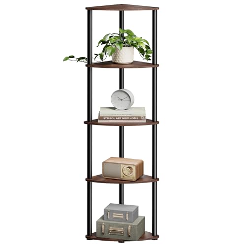 SONGMICS HOME Superfast Toolless Assembly 5-Tier Corner Shelf Corner Shelving Unit Corner Storage Stand 38.3 x 27 x 139 cm Living Room Bedroom Kitchen Somber Walnut LBC610K02