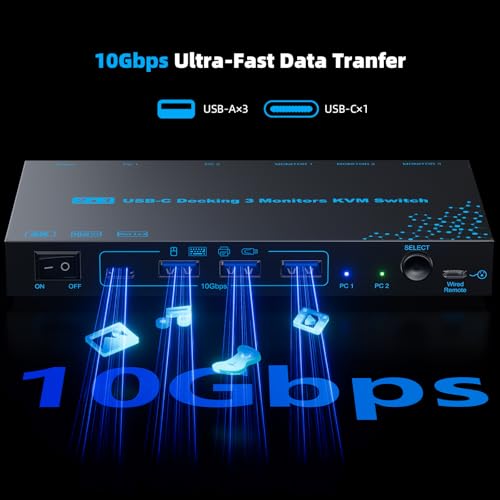 Image of USB-C KVM Switch 3 Monitors 2 Laptops MST Dual USB-C Docking Triple Monitor | Dual 4K@60Hz & One 1080P@60Hz Video Output, 10Gbps USB Transfer, 100W PD Charging