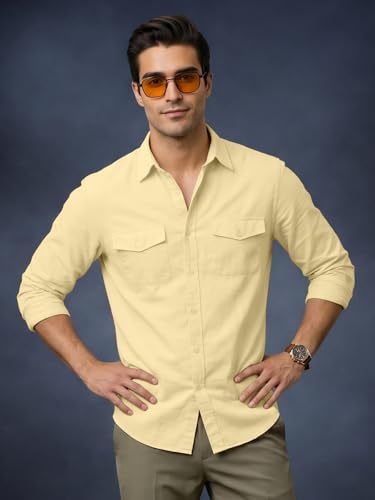 Image of Veirdo Men's Pure Cotton Utility Shirt | Full Sleeve Casual Button-Down with Dual Chest Pockets | Stylish & Comfortable Everyday Wear | Colors: Beige, Black, Maroon, Olive, Rust & White