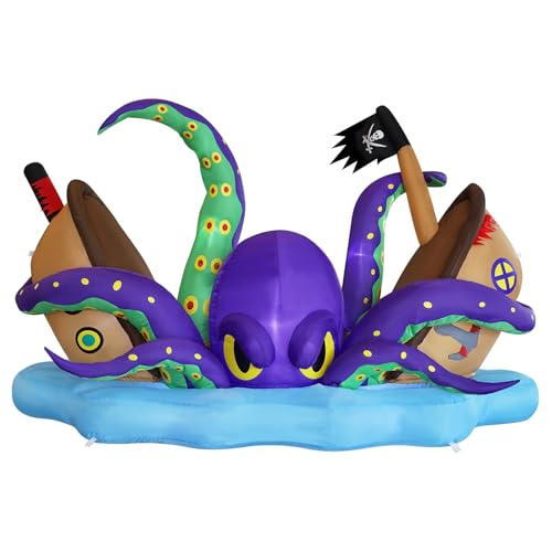 Juegoal Halloween Inflatable Lighted Giant Octopus Attacked Pirate Ship, 7.5FT Long Spooky Purple Octopus & Haunted Ship with Lights, Animated Halloween Yard Prop, Outdoor Garden Lawn Blow up Decor